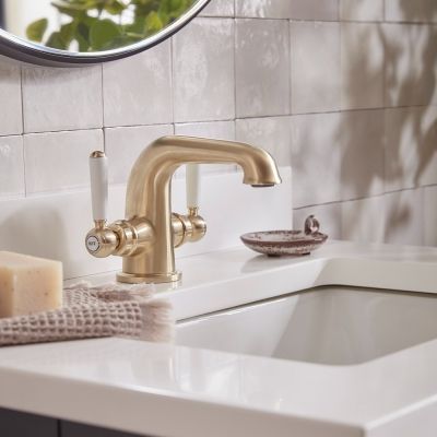 Lansdown Brushed Brass Basin Mixer Tap with Click Waste - Alternative Image