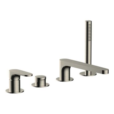 Portofino Brushed Nickel 4-Hole Deck-Mounted Bath Mixer Tap with Shower Handset