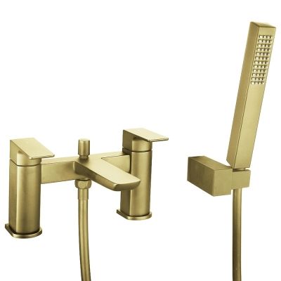 Saldo Brushed Brass Deck-Mounted Bath Mixer Tap with Shower Handset