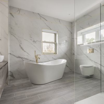 Pacific White Marble-Effect Polished Porcelain Tile 240x120cm - Alternative Image